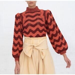 Ulla Johnson Crochet High Neck Sweater Top Striped Burgundy- S Balloon Sleeves